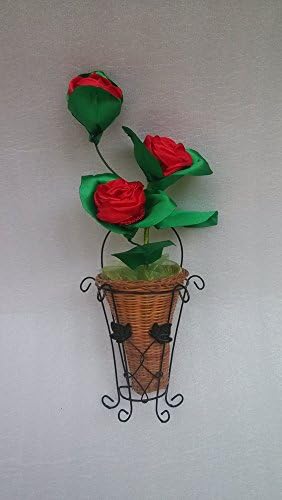 BlackKey Handmade 3PCS Ribbon Weaving Flowers with A Rattan Basket - Red Roses, Decorative Artificial Flowers for Wedding, Kitchen Table Decoration, BRWF5