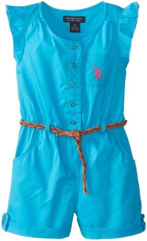 U.S. POLO ASSN. Girls 2-6X Flutter Sleeve Cuffed Poplin Romper