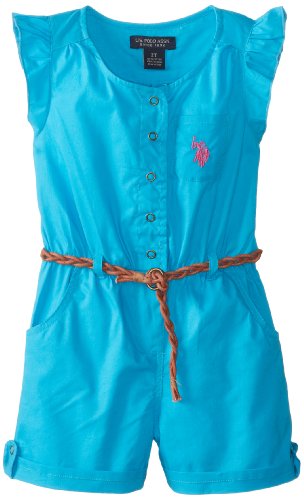 U.S. POLO ASSN. Girls 2-6X Flutter Sleeve Cuffed Poplin Romper