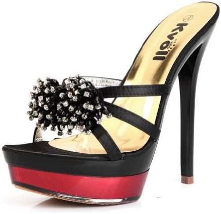 Kvoll Women's Platform Satin Sandals with Studded Rhinestones Flower Black,38