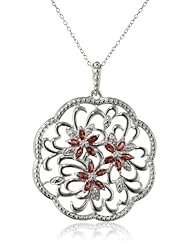 Platinum Plated Sterling Silver Garnet and Diamond Accent Flowers Pendant, 18"