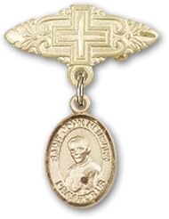 14K Gold Baby Badge with St. John Neumann Charm and Badge Pin with Cross