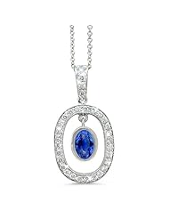 Twin Oval Shaped Vintage Diamond Pendant In 18K White Gold With A 1.00 ct. Genuine Blue Sapphire Center Stone.