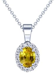14K White Gold Oval Cut Yellow Sapphire And Round Diamond Pendant