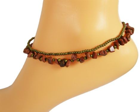 BrownBeans, 2 Rows Asian Macrame, Brown Stone Beads, Ankle Bracelet, Anklet (CAKT3006)
