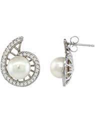 14k White Gold Swirl Pearl Earrings w/ 0.33 Carat Brilliant Cut ( H-I Color; VS2-SI1 Clarity ) Diamonds & 7mm White Pearls
