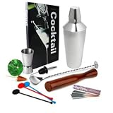 Drinkstuff Cocktail Set with Cocktail Shaker with Built-in Strainer, Cocktail Book, Mixing Spoon, Jigger Measure, Pourer, Muddler, 25 x Swizzle Stick Disc Stirrers, 24 x Foil Cocktail Umbrellas & 10 x Indoor Sparklers | BAR@drinkstuff Cocktail Making