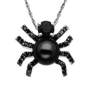 14k White Gold Pearl and Black Diamond Spider Pendant (.15 cttw) by Amazon.com Collection