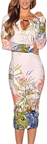 OURS Women's Long Sleeve Keyhole with Metal Buckle Open-Chest Bodycon Pencil Party Dress (XL, White)
