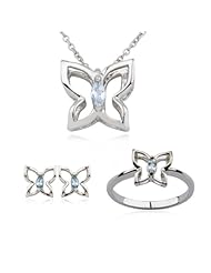 Rhodium Plated Sterling Silver Genuine Blue Topaz Butterfly Pendant, 18", Earring, and Ring Set