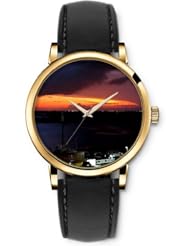 SPRAWL Aanalog Fashion Series Gold Ladies Watches of Genuine Black Leather Strap,Unique Wrist Watch for Women Girls Designed with Night city