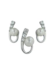 Sterling Silver White Freshwater Pearl with Clear Cubic Zirconia Teardrop Earrings and Pendant Set 16 inches chain