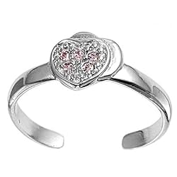 Sterling Silver Fashion Toe Ring - Heart with Pink CZ - 2mm Band Width