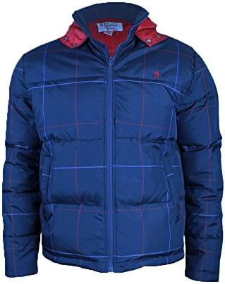 Original Penguin Mens Water Repellent Plaid Hooded Puffer Coat