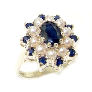Fabulous Solid 14K White Gold Natural Sapphire & Pearl 3 Tier Large Cluster Ring - Size 8 - Finger Sizes 5 to 12 Available