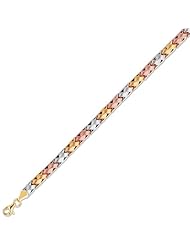 7.25" 14K Yellow, White & Rose Gold 5.15mm (1/5") Textured Polished Tri Color Domed Weaved Like Bracelet w/ Pear Shape Clasp