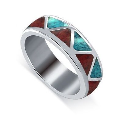 Gem Avenue Men's 925 Sterling Silver Turquoise and Coral Gemstone Southwestern Style 6mm Band