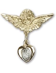 Gold Filled Baby Badge with Blue Miraculous Charm and Angel with Wings Badge Pin