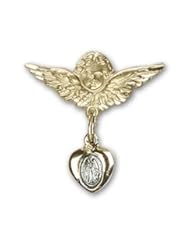 Gold Filled Baby Badge with Blue Miraculous Charm and Angel w/Wings Badge Pin