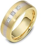 7.5mm 3 Princess Cut Diamond Titanium & 14 Karat Yellow Gold Wedding Band Ring