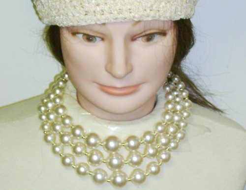 Click here to buy Three Strand Simulated Ivory Pearls Short Chain Necklace Ear Rings for Women and Teens.