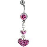 Pink Double Heart Pendant Gem Belly Button Ring Navel Piercing Bar Body Jewelry