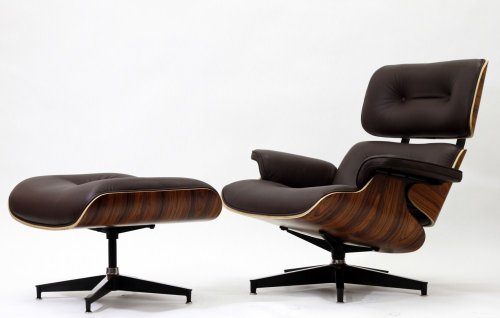 Modern Classic Plywood Lounge Chair & Ottoman with Palisander Base & Brown Leather Uphostery