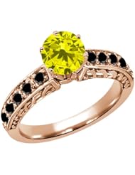 1.10 Ct Round Canary and Black Diamond 925 Rose Gold Plated Silver Ring