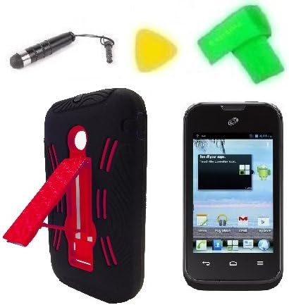 Heavy Duty Hybrid Phone Case Cover Cell Phone Accessory + Extreme Band + Stylus Pen + LCD Screen Protector + Yellow Pry Tool for Straight Talk TracFone Huawei H868C H8686C (Black/Red)