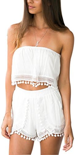 WillSea Women's White Off shoulder Pom Pom Backless 2 Piece Outfit Romper Jumpsuit (M(US 4-6), White)