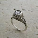 14k White Gold Antique Art Nouveau Style and Quality CZ Ring