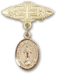14K Gold Baby Badge with Our Lady of All Nations Charm and Badge Pin with Cross