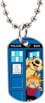 Funny Doctor Who Tardis w - Calvin and Hobbes Custom Oval Dog Tag Pet Tag (Size:1.2X2X0.1 inches), Aluminum Dog Tag Pendant Necklace beads chain Charm Unique Gift