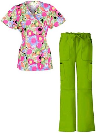G Med Women's Mock Wrap Printed Top and Pant Scrub Set 2 Pieces Set Back Tie(SET-MED,LGNA4-M)