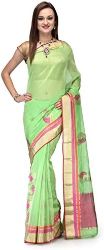Fabroop Women's Lime Green Cotton Silk Pure Chanderi With Peacock Motifs One Size