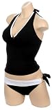 Sexy Cute Bathing Suit Juniors Solid Black Halter Tankini White Trim Tie Side 2 pc Swimsuit
