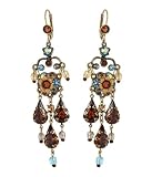 Victorian Style Michal Negrin Enticing Dangle Earrings Decorated with Hand Painted Flowers, Dangle Beads, Brown and Blue Swarovski Crystals and Vitrail Tear Drops - Special Ordered and Shipped by Genuvo within 2 to 3 Weeks