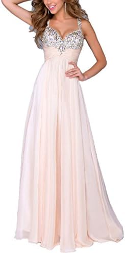 Dreamprom Chiffon Beaded Bodice 2015 Long Prom Dresses for Girls with Straps (Pink, US12)