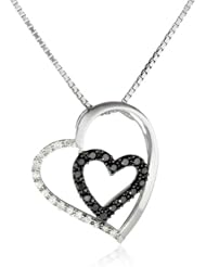 Sterling Silver 1/4cttw Black and White Diamond Heart Pendant Necklace, 18"