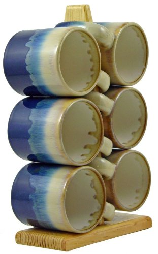 Set Of Six (6) PADILLA & PRADO STONEWARE - 16 Ounce Coffee/Tea Or Soup Cup Dinnerware Soup Rack Designed Mugs & Mug Tree