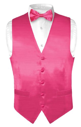 Immediately Biagio Men's Solid Hot Pink Fuchsia BAMBOO SILK Dress Vest Bow Tie Set for Suit or Tuxedo
