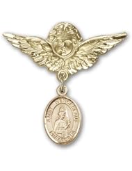 14K Gold Baby Badge with St. Wenceslaus Charm and Angel with Wings Badge Pin