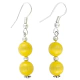 Handmade Golden Yellow Cat's Eye & Silver Beaded Earrings