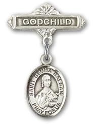 Sterling Silver Baby Badge with St. Gemma Galgani Charm and Godchild Badge Pin
