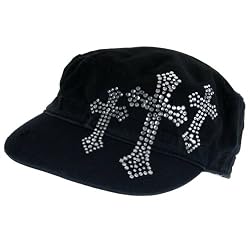 Triple Crystal Cross Frayed Cadet Hat Cap Adjust Black