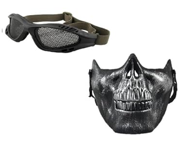 【威圧感アップ!! サバゲー 2個 セット 】 立体 スカルマスク + メッシュゴーグル 黒 サバイバルゲーム 装備