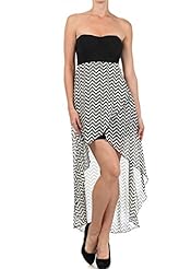 Sexy Strapless High-Low-Hem Tiered Polyester/Rayon/Spandex Chevron Print Zig Zag  Dress