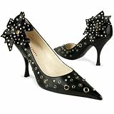 Quai D'Orsay Snap Flower-Trim Black Italian Leather Pump Shoes