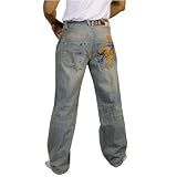 Enyce Mens Blue Jeans. 100% heavy weight machine washable cotton. Top quality embroidered design throughout these pants. Excellent attention to all important details: rivets, stitching and fabric design. The latest in unique hip hop and street wear.