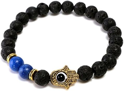 Black Lava Rock Gold Hand Palm Pendant Beaded Bracelet